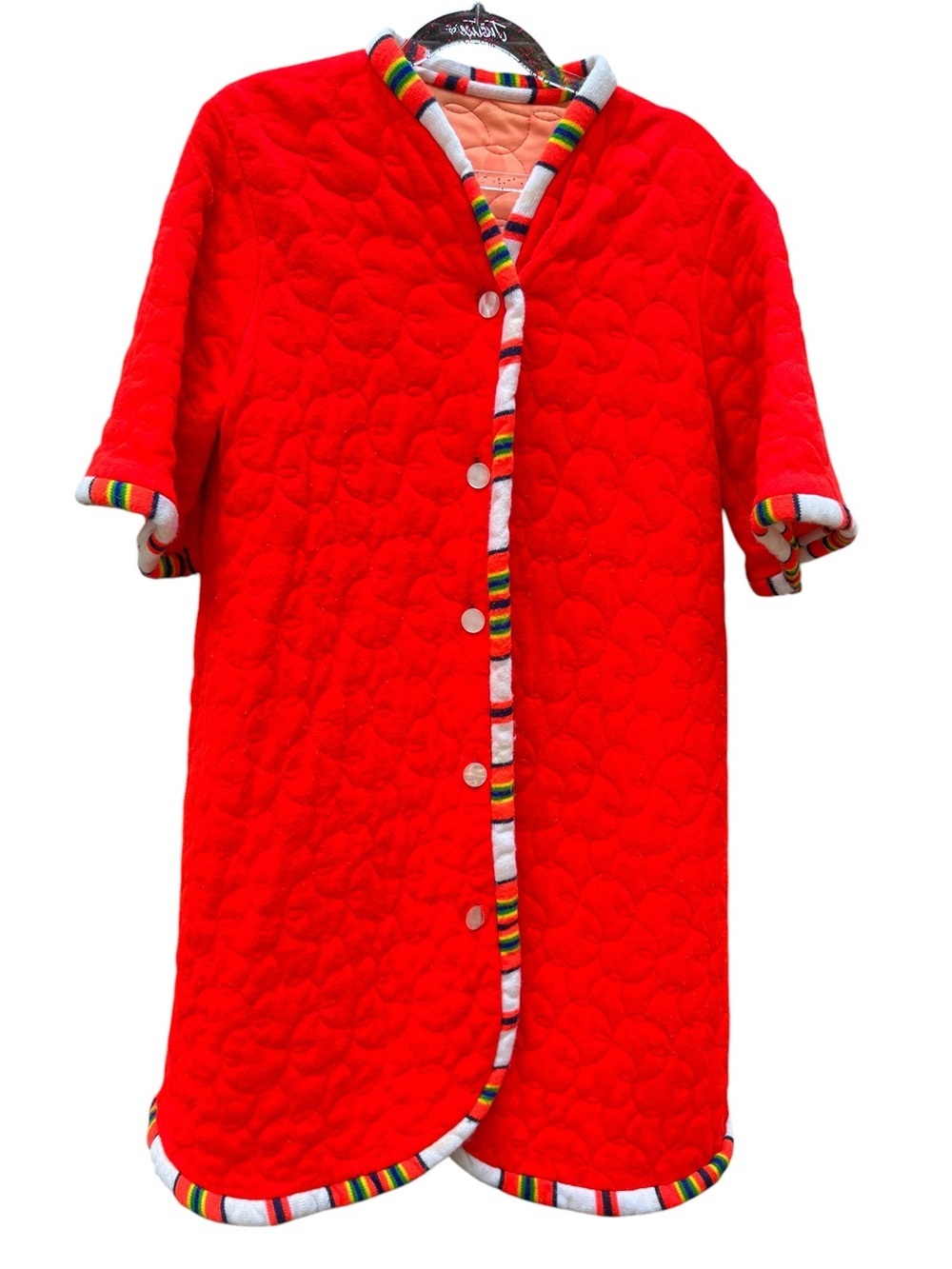 Vintage Electric Orange Red Quilted Kids Pajama Robe with Multicolor Trim
